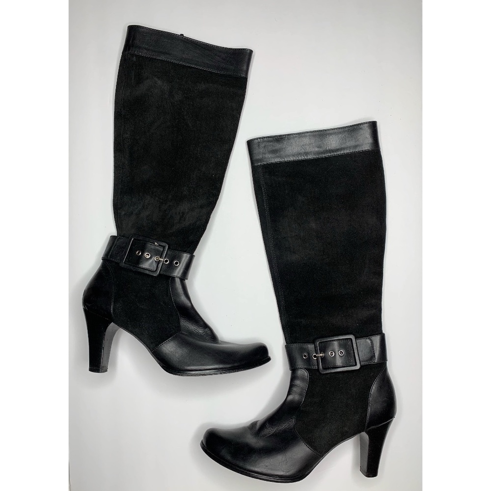 VANELI‎ Knee High Boots Women 8.5M Black Leather Suede Ankle Buckle Zip Closure